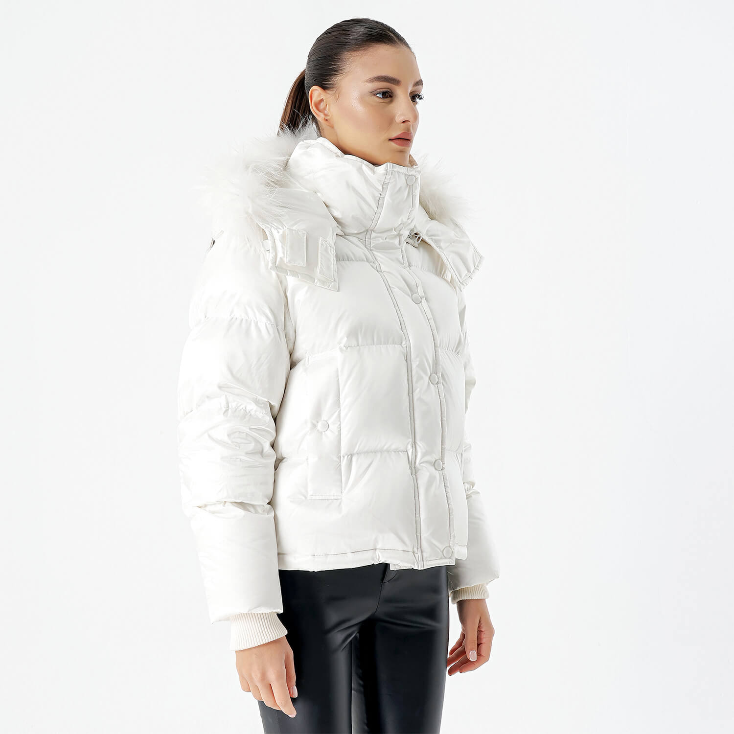 Mo &Co - White Fur Detail Puffer Hooded Coat